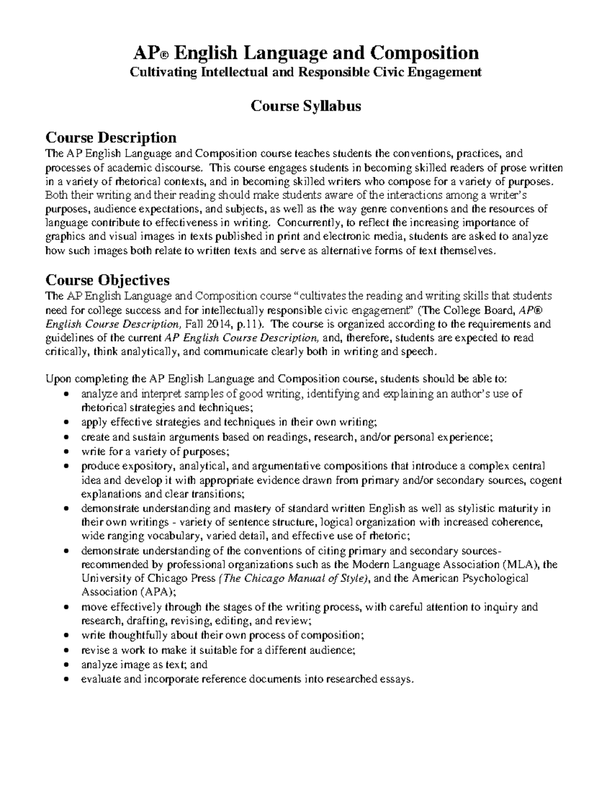 Course Syllabus.APEnglish Languageand Composition - AP® English ...