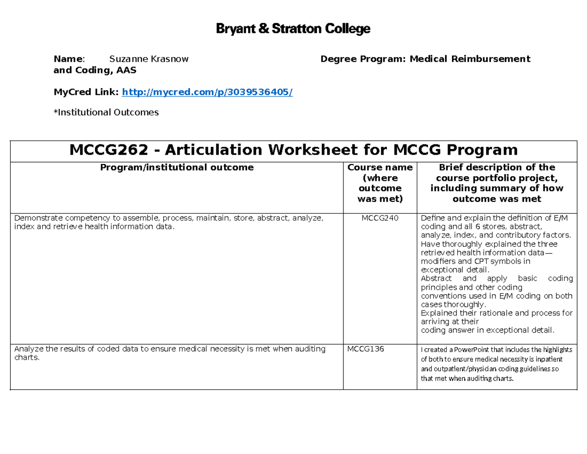MCCG262 - Articulation Worksheet for MCCG Medical
