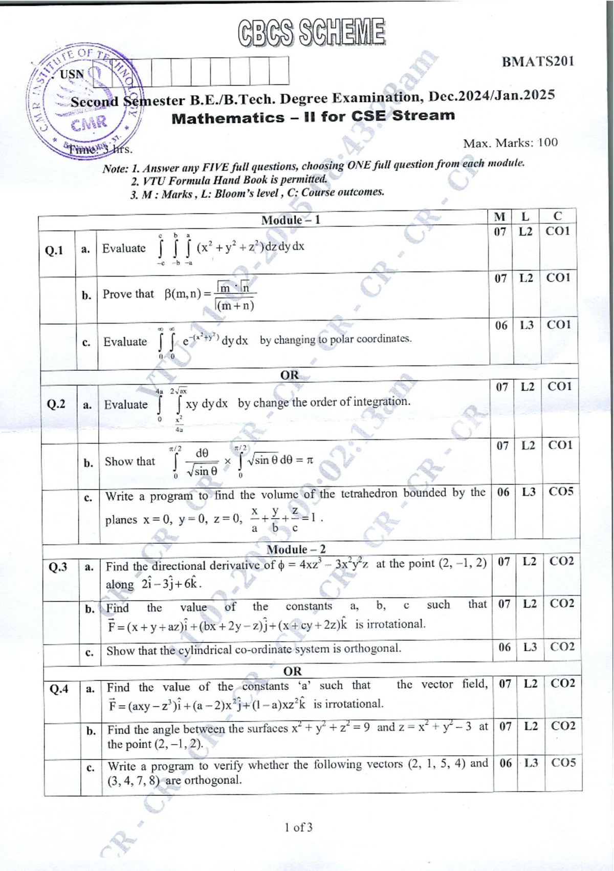 VTU BMATS201 Second Degree Exam: Mathematics II for CSE Stream - Studocu