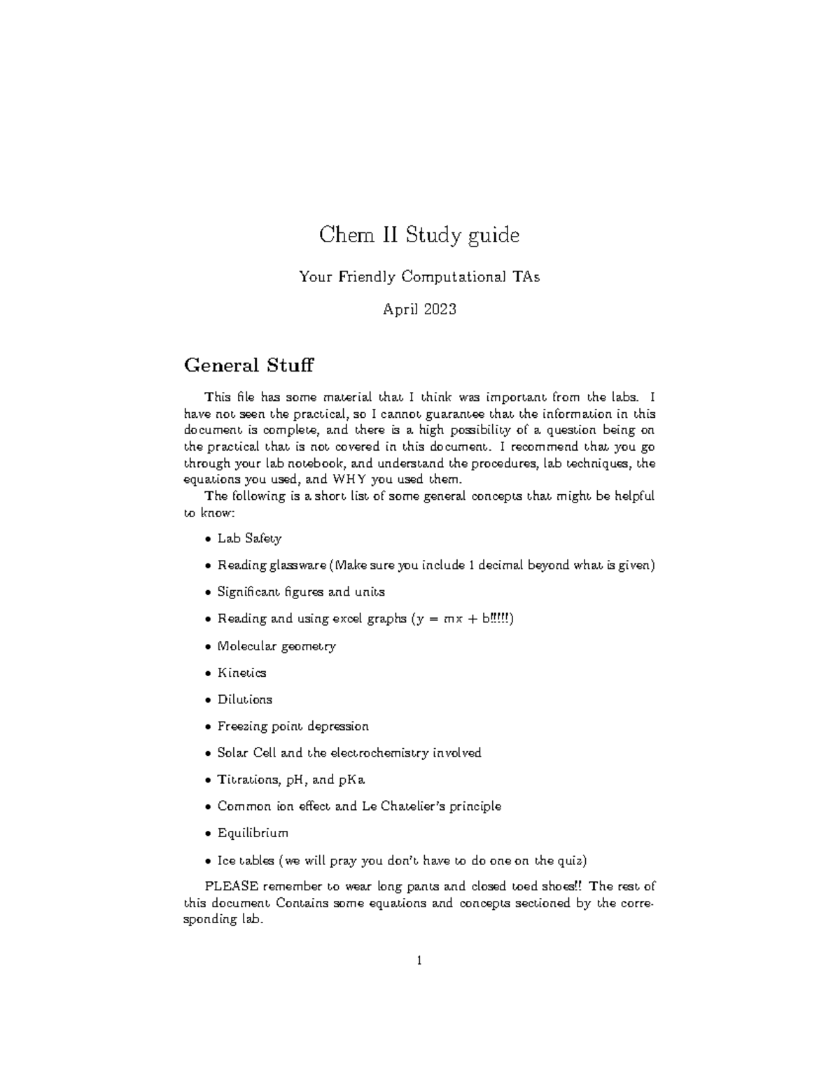 Chem II Study Guide - Key Concepts & Lab Notes for Freshmen - Studocu