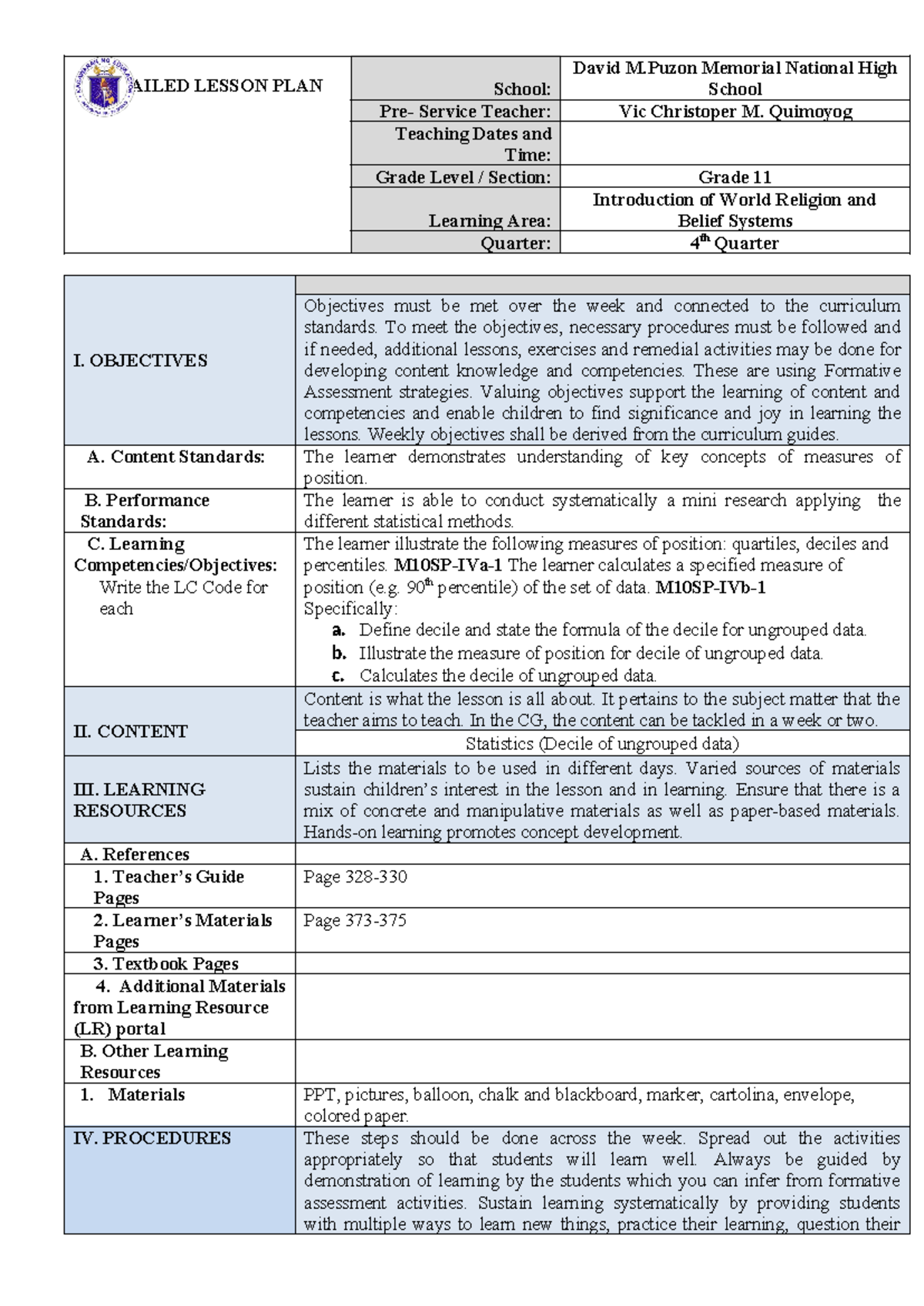 Lesson Plan for Grade 11: Introduction to World Religions (IWRBS) - Studocu