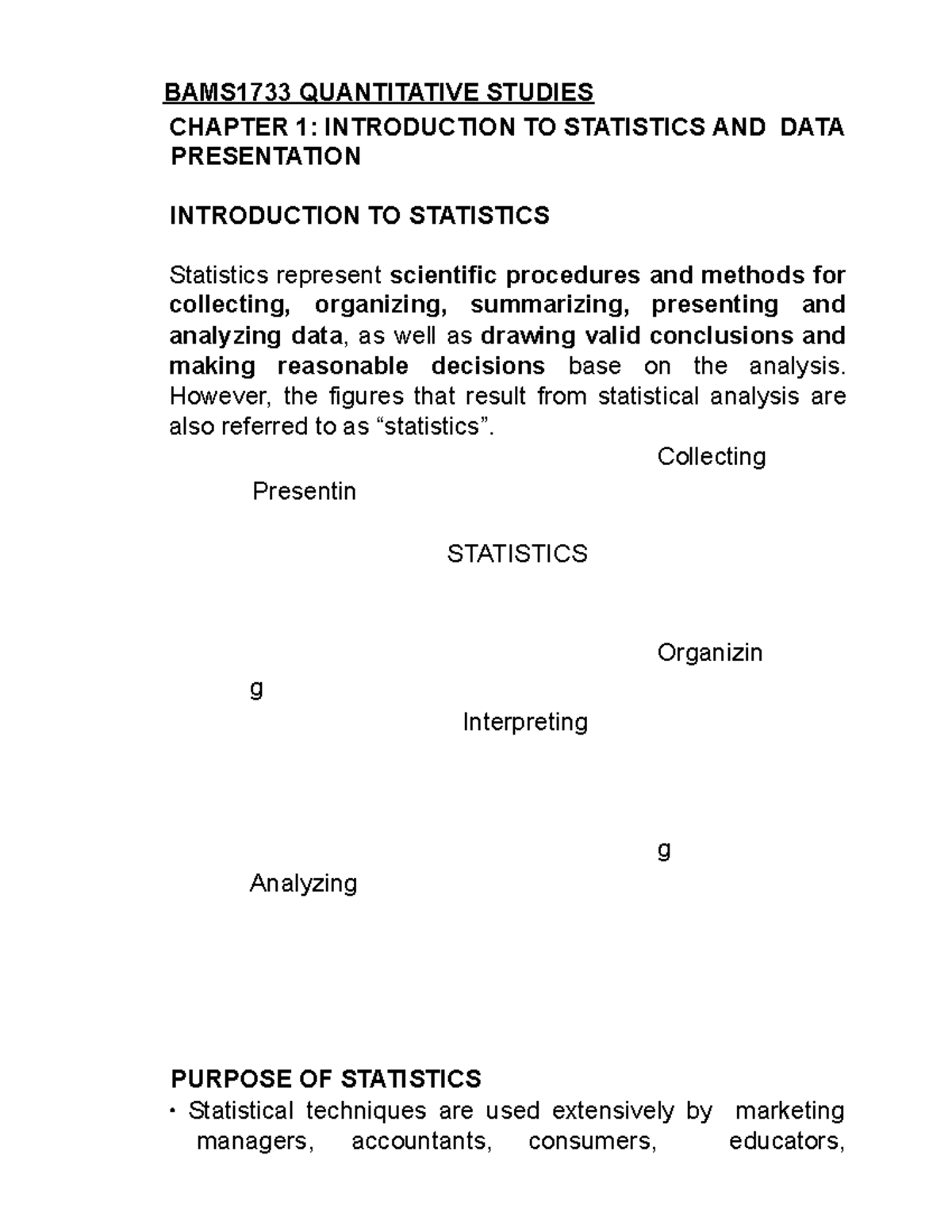 BAMS1733 Chapter 1: Intro to Statistics & Data Presentation - Studocu