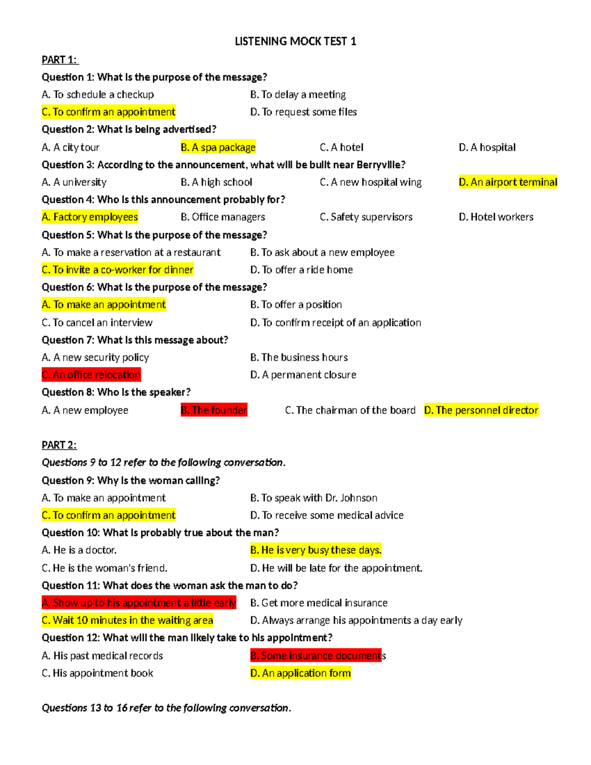 Listening MOCK TEST 1 - Practice Questions and Answers - Studocu