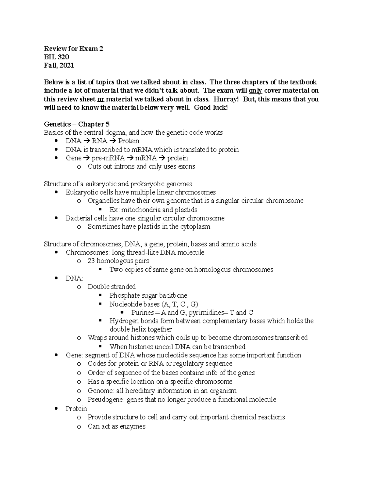 BIL320 Final Exam Review: Genetics & Evolution Lecture Notes - Studocu