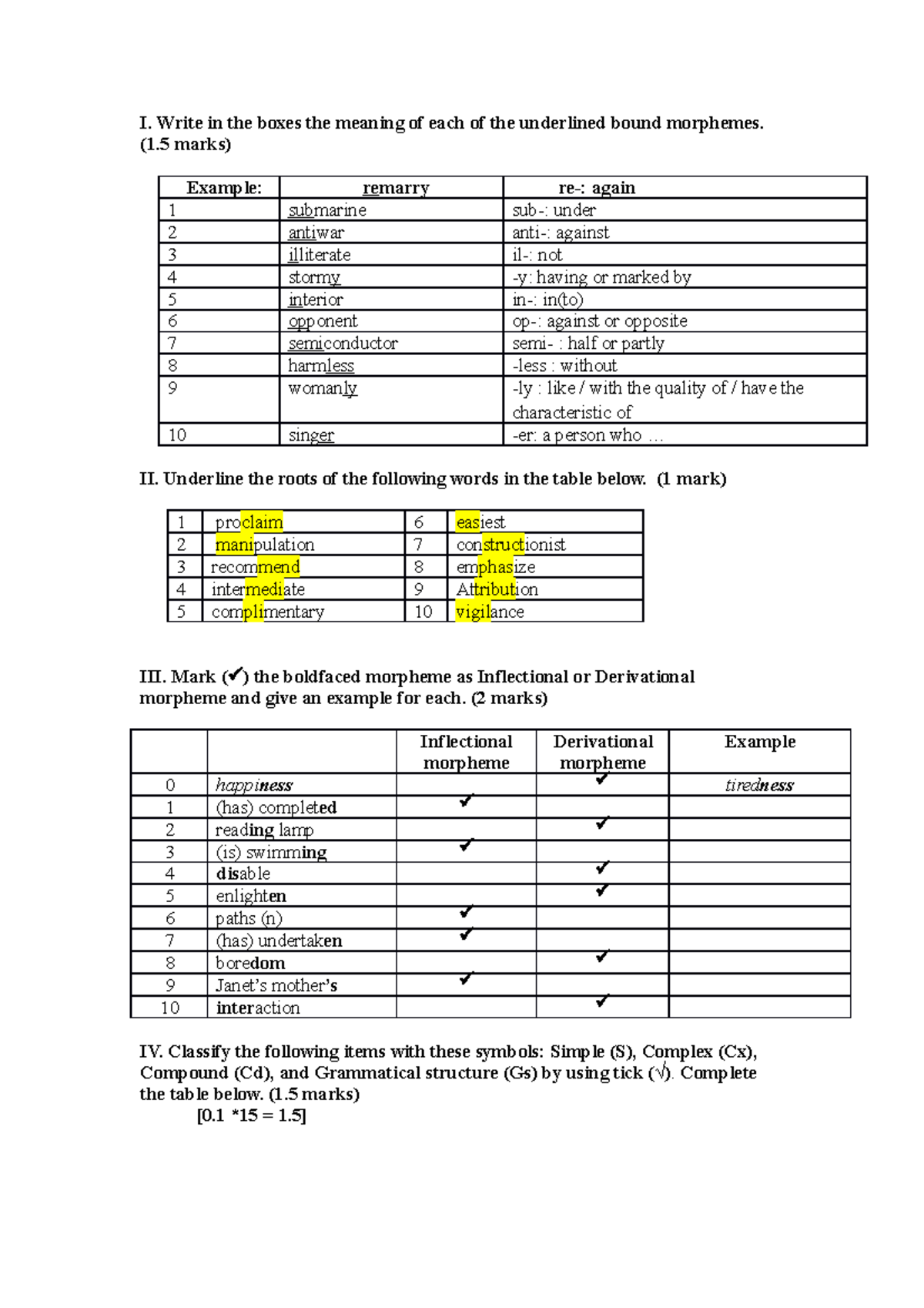 Morphology KEY GUIDE for Exercises (Final Exam) - Studocu