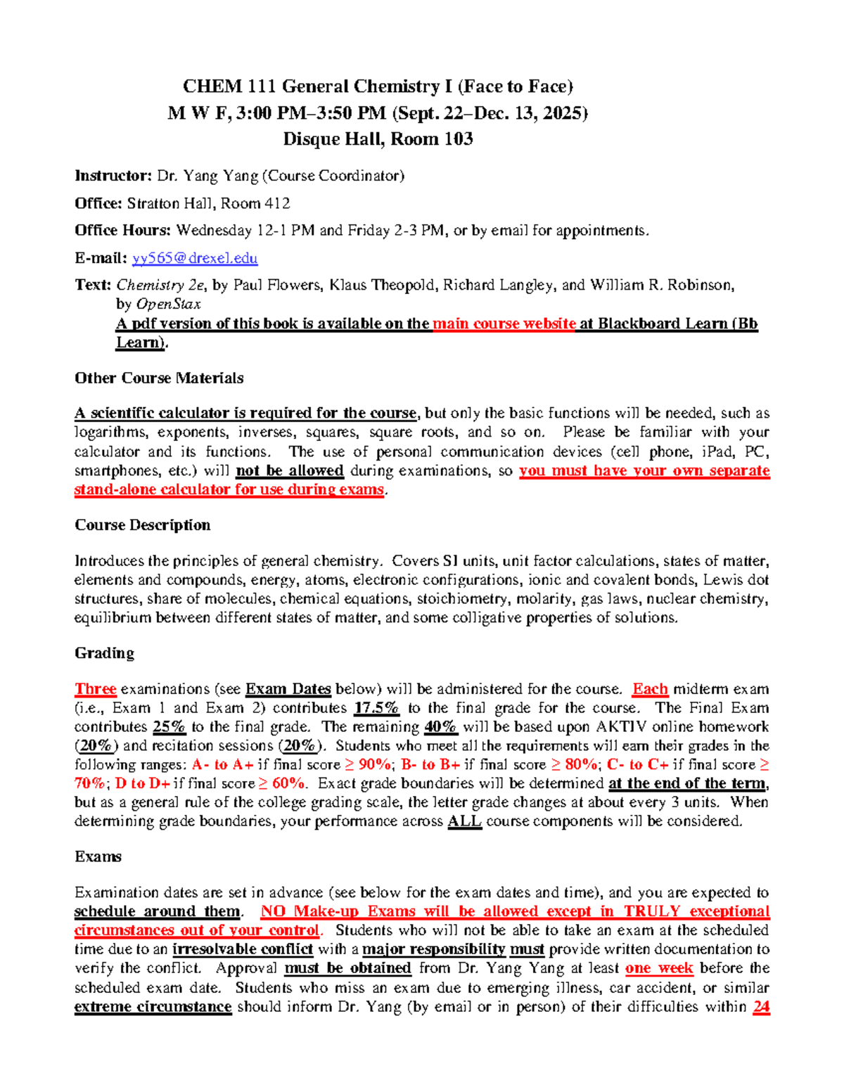 CHEM111 General Chemistry I Syllabus (Fall 2025) - Studocu