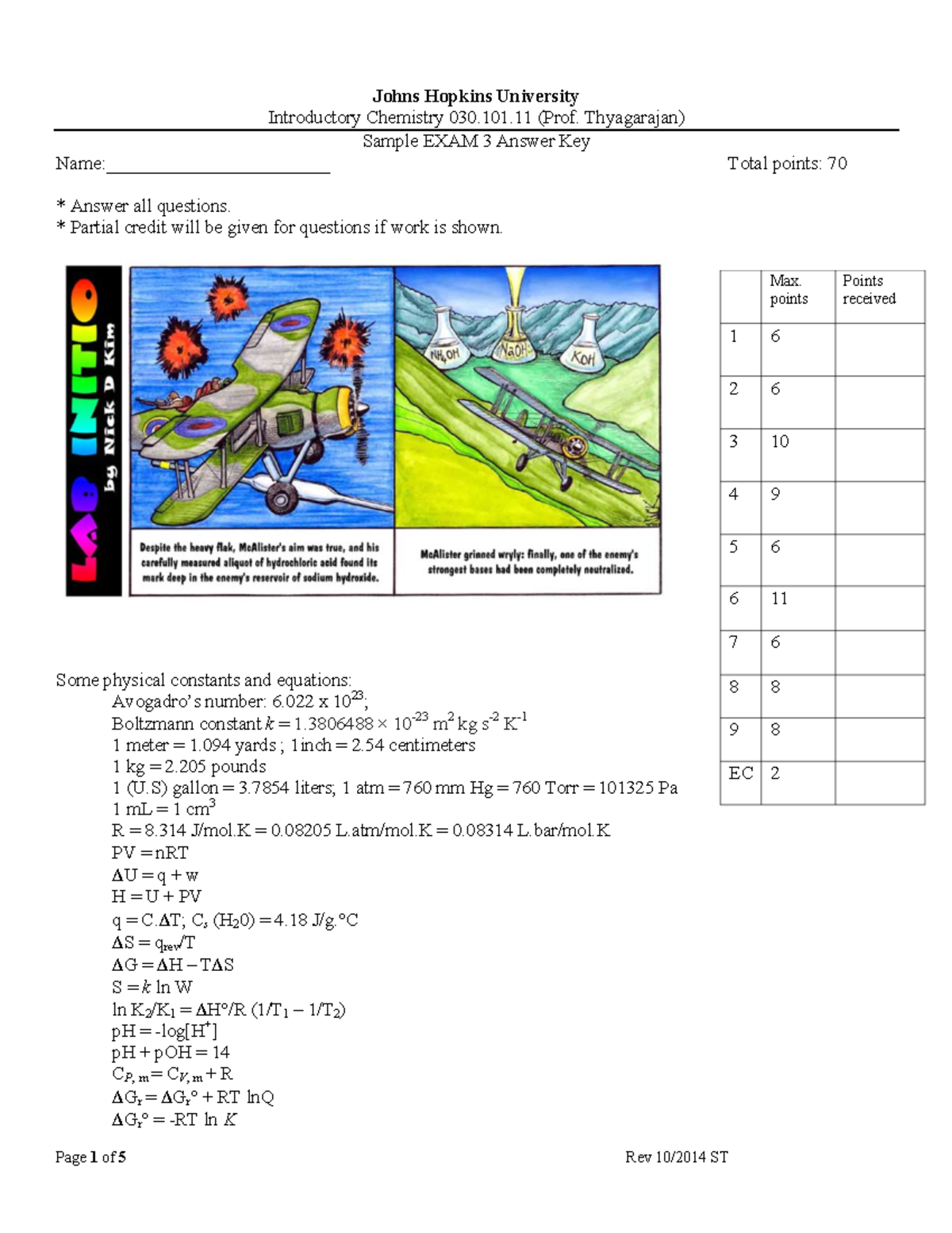 Sample exam 3 ST Answer Key - Introductory Chemistry 030.101 (Prof ...