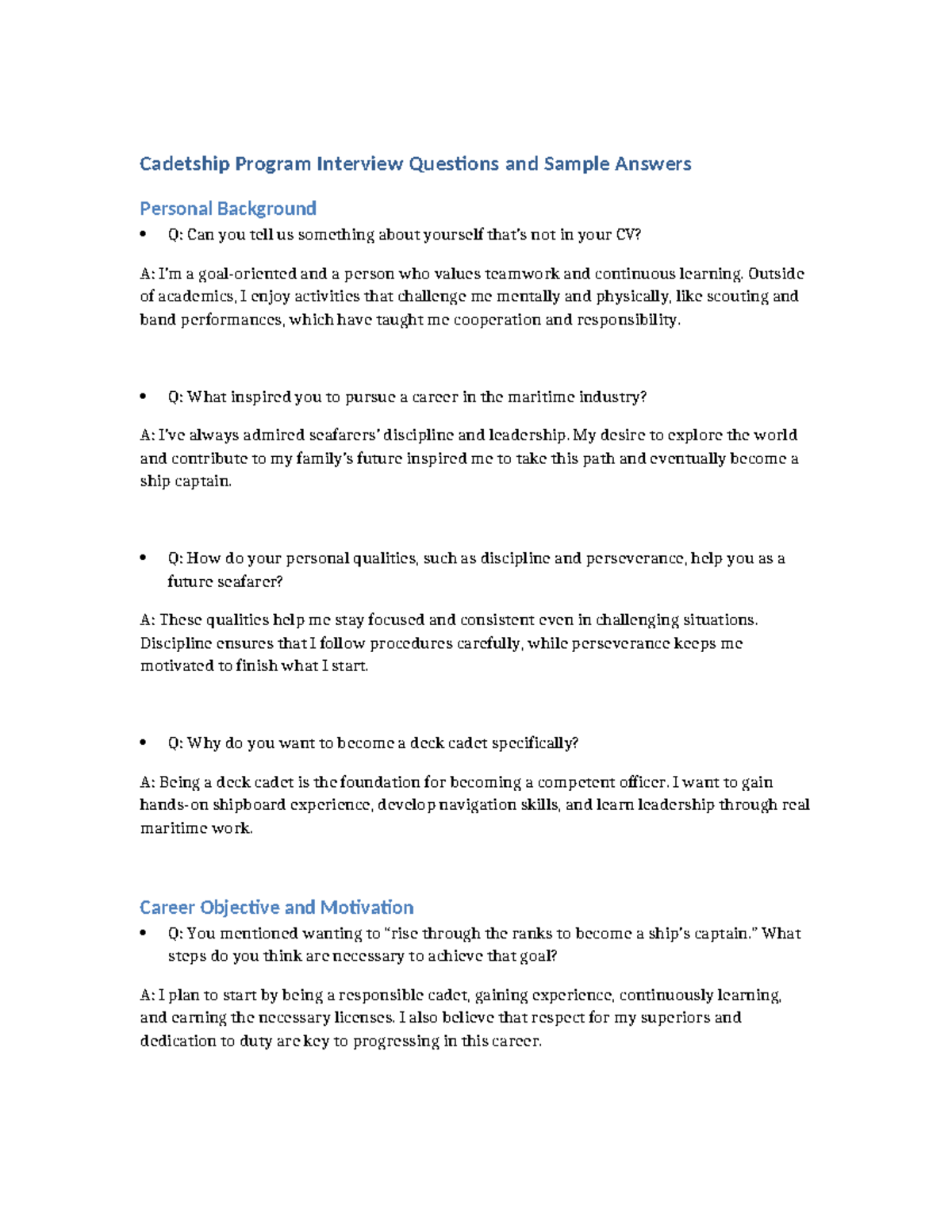 Cadetship Program Interview Qs & Sample Answers - Studocu