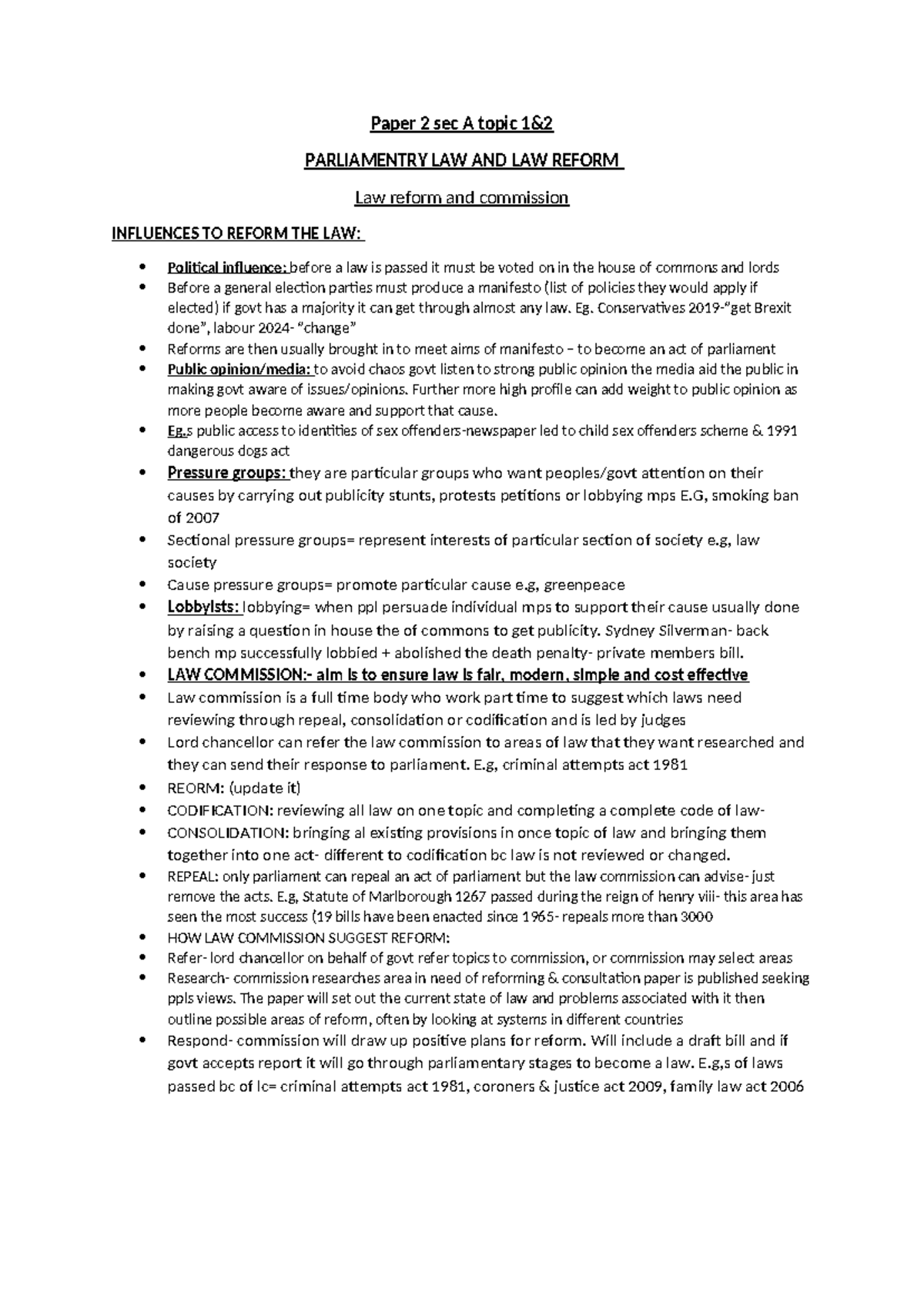 Paper 2 Sec A: Law Reform & Influences on Parliamentary Law - Studocu