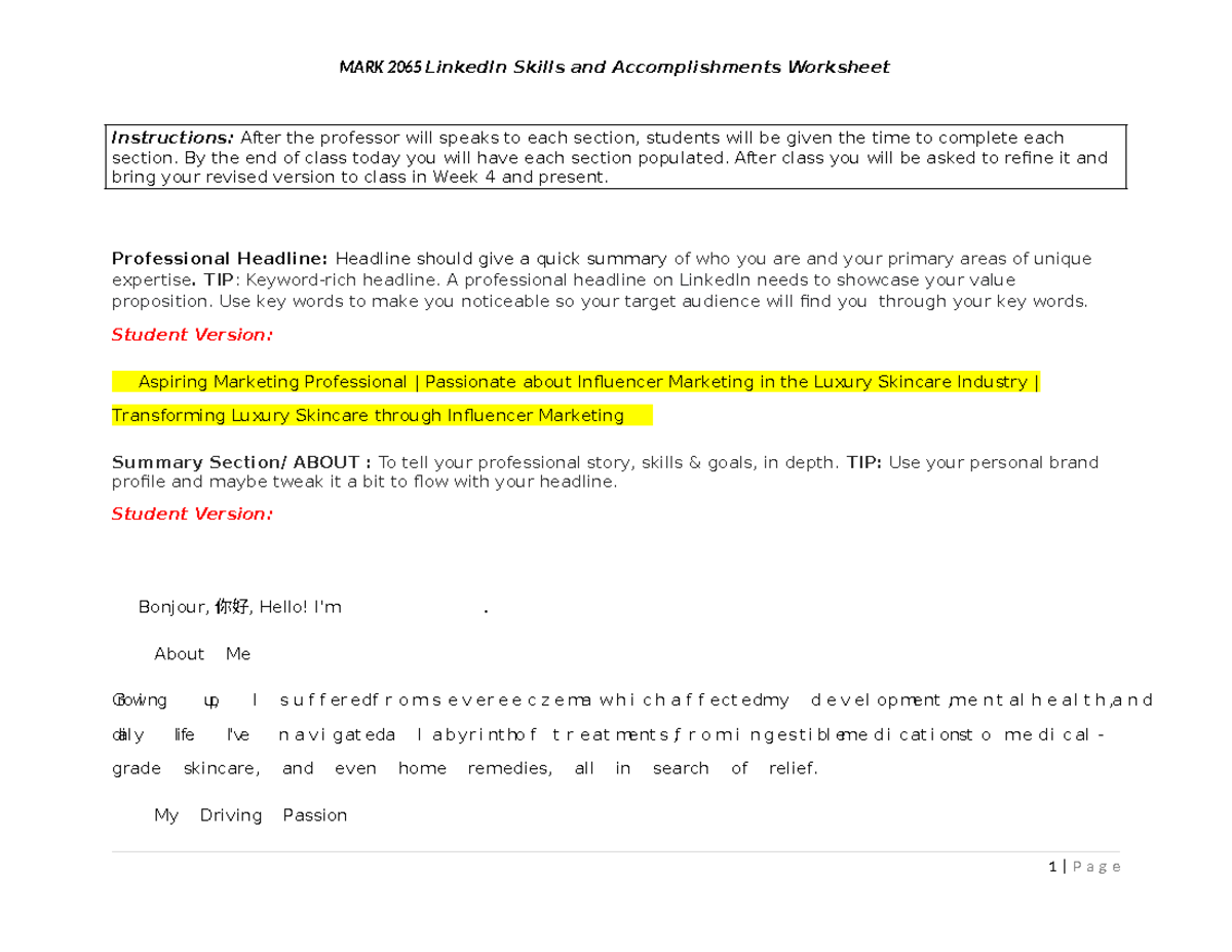 Linked In Worksheet 2 - course work - Instructions: After the professor ...