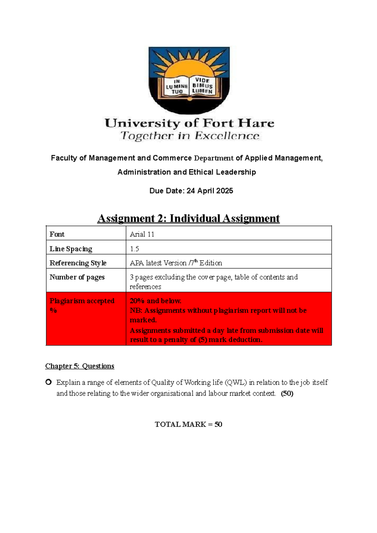 IPS 112F Individual Assignment 2025: Quality of Working Life Analysis ...