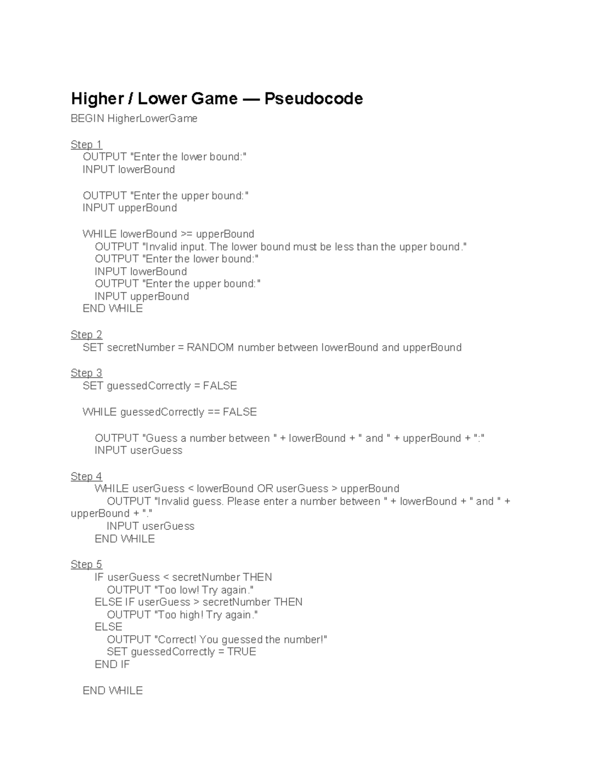 4-3 - Higher Lower Game Pseudocode Guide - Studocu