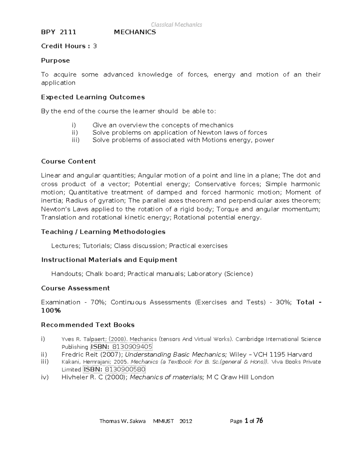Classical Mechanics BPY 3 Credit Hours: Course Outline and Notes - Studocu