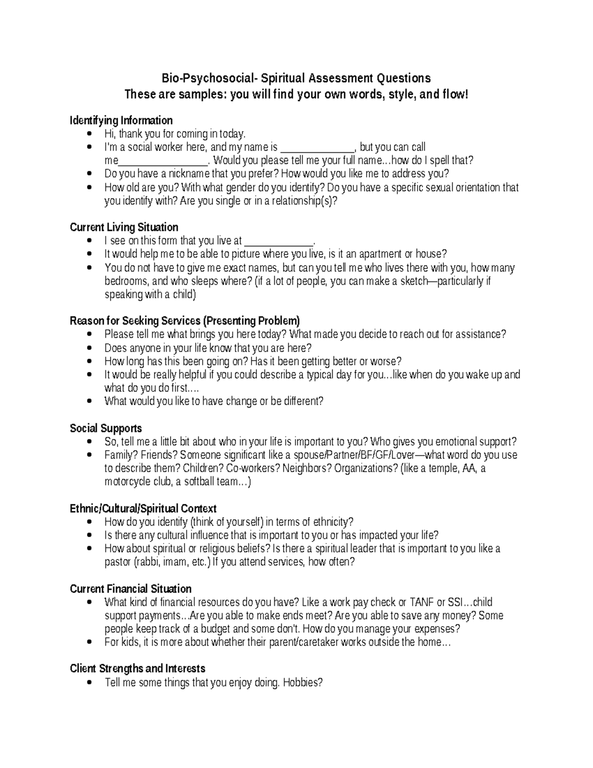 Sample Bio-Psychosocial Assessment Questions for SWK 101 - Studocu