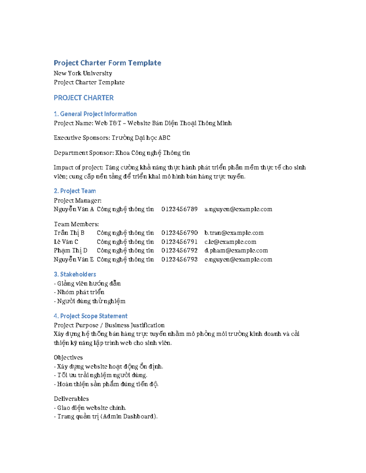 Project Charter Template for Web Development Project Tn - Studocu