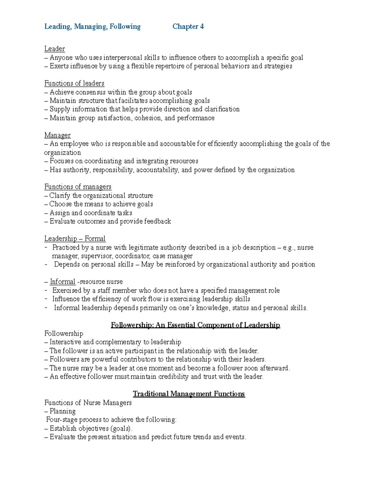 Chapter 4 Leadership and Management Notes - Nursing Perspectives - Studocu