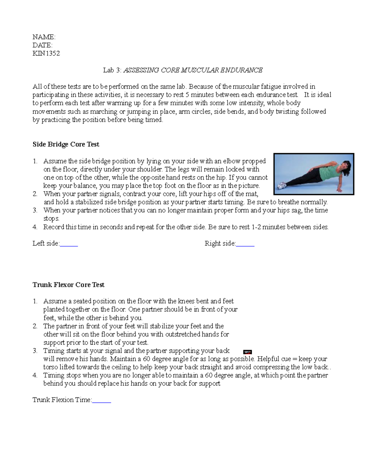 Lab 3: Core Muscular Endurance Assessment - Lab Notes - Studocu