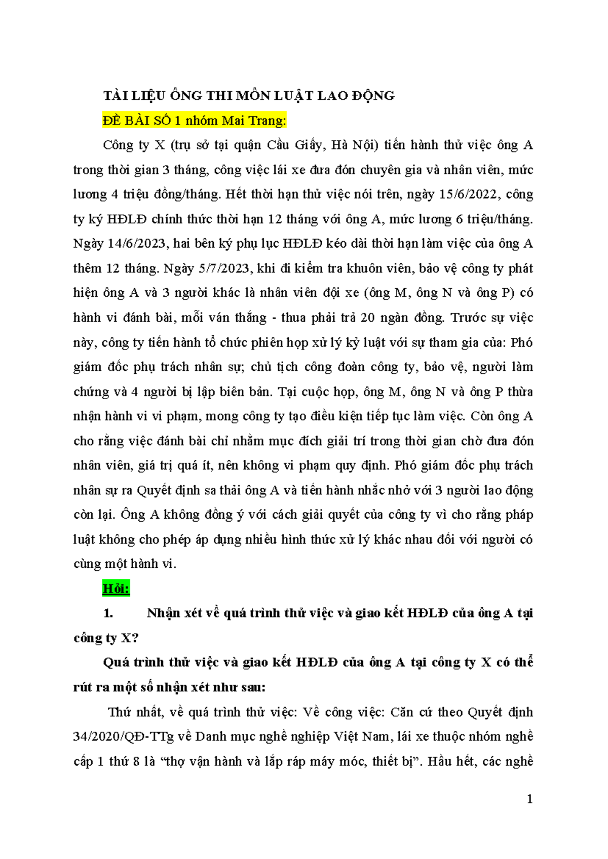 TÀI LIỆU ÔNG THI MÔN LUẬT LAO ĐỘNG ĐỀ BÀI SỐ 1 - Document Preview