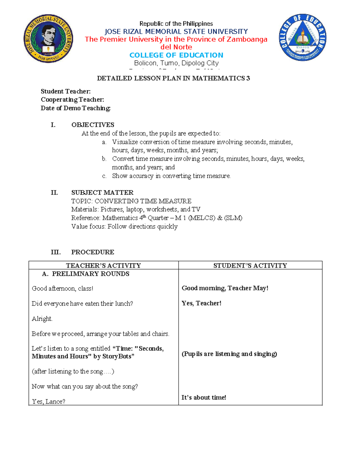 Mathematics 3 Detailed Lesson Plan: Converting Time Measures - Studocu