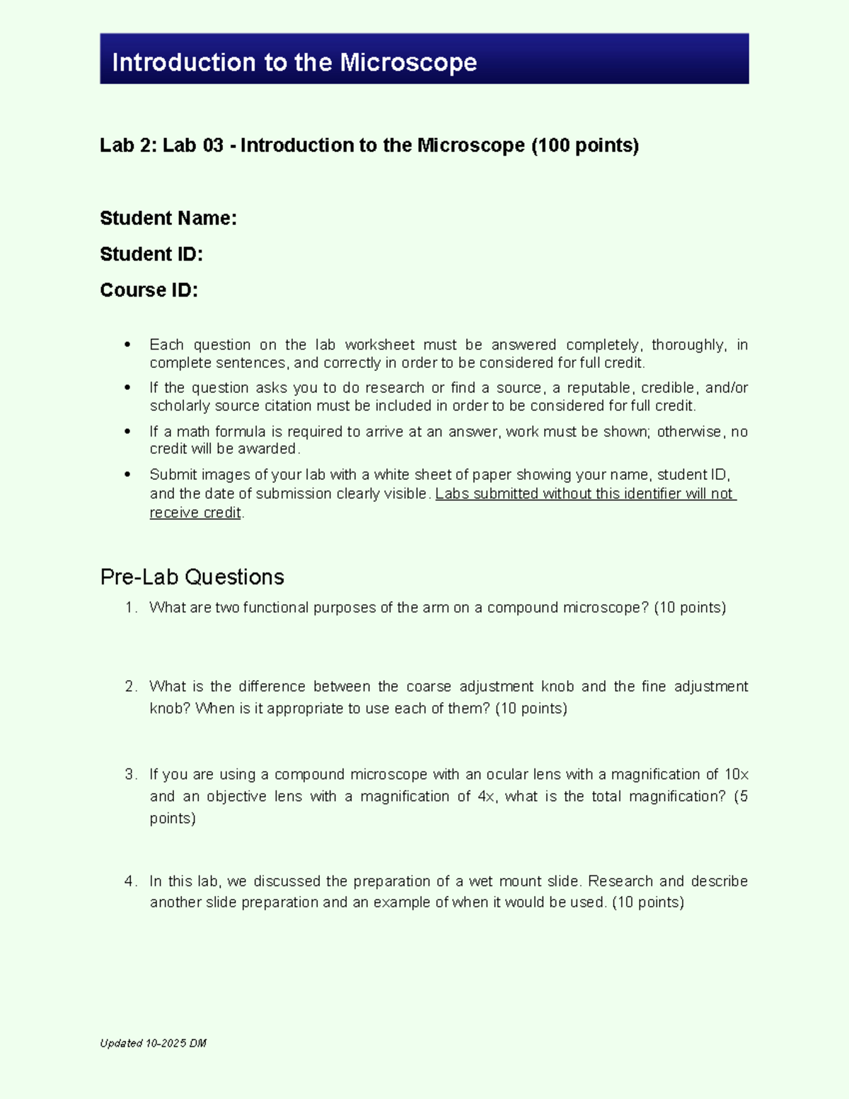 Week 2 Lab 03: Introduction to the Microscope Worksheet - Studocu