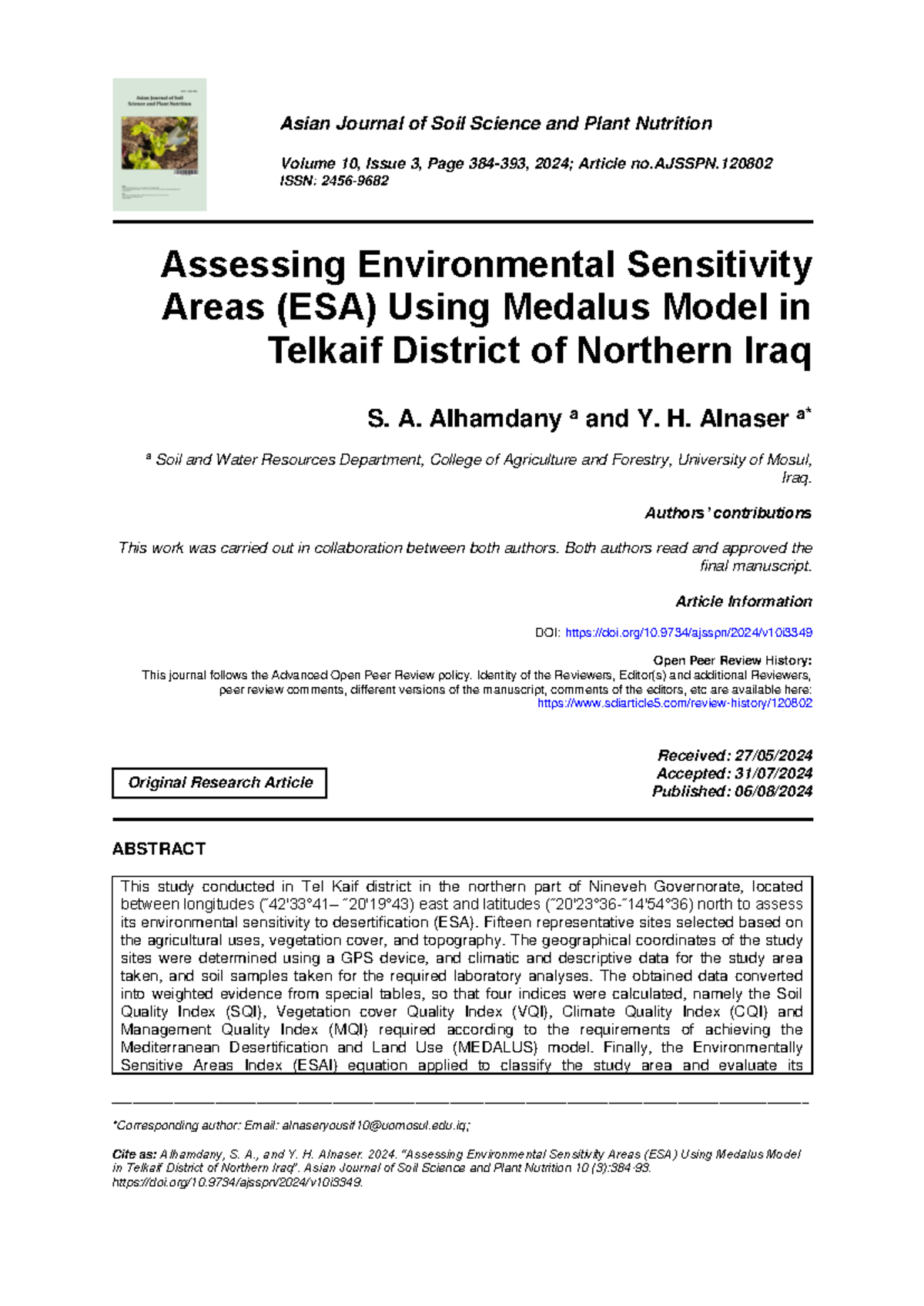 Assessing Environmental Sensitivity Areas (ESA) in Telkaif District ...
