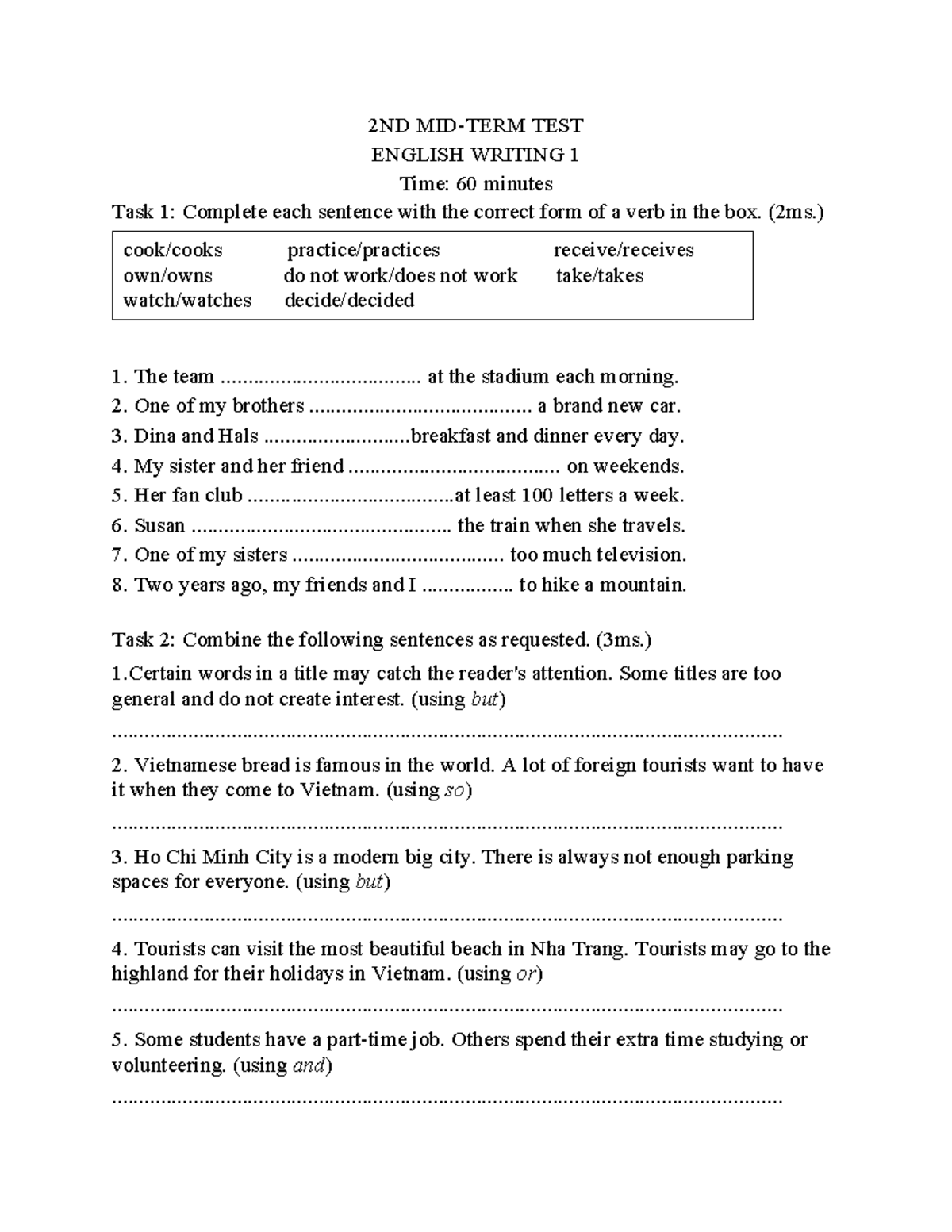 Writing and reading test - 2ND MID-TERM TEST ENGLISH WRITING 1 Time: 60 ...