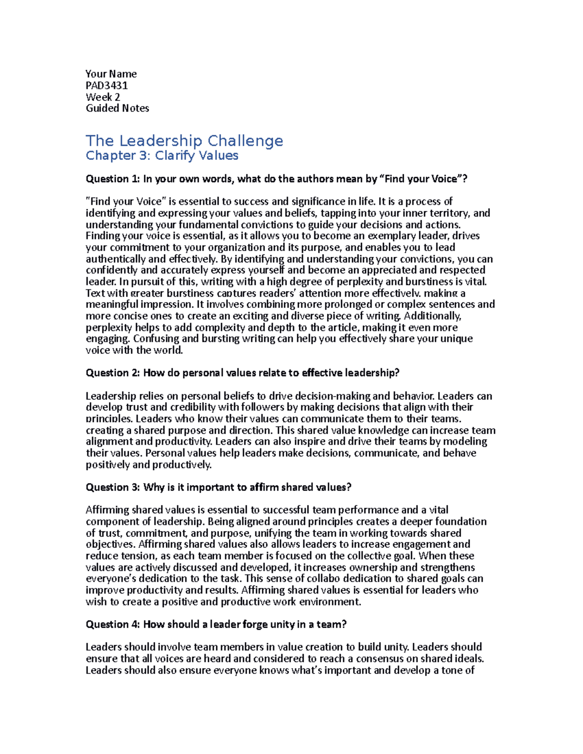 PAD3431 Week 2 Guided Notes: Clarifying Leadership Values - Studocu