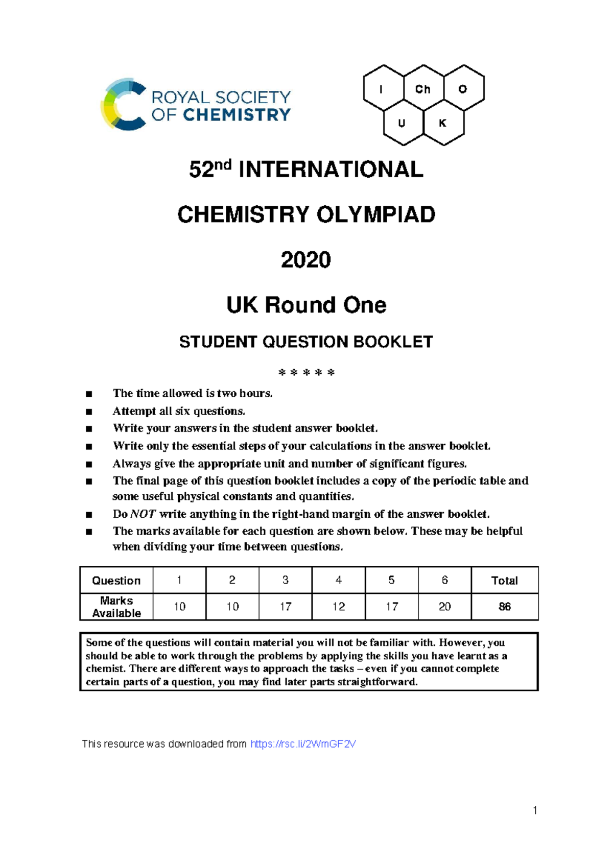 IChO 2020 UK Round One Student Question Booklet - Studocu