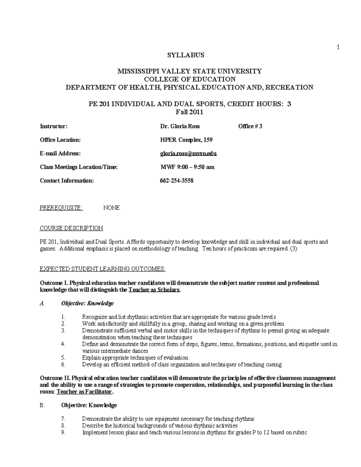 PE 201 Syllabus: Individual and Dual Sports - Fall 2011 - Studocu