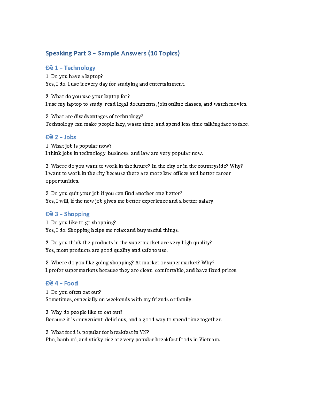 Speaking Part 3 Sample Answers (10 Topics) - Như Quình - Studocu