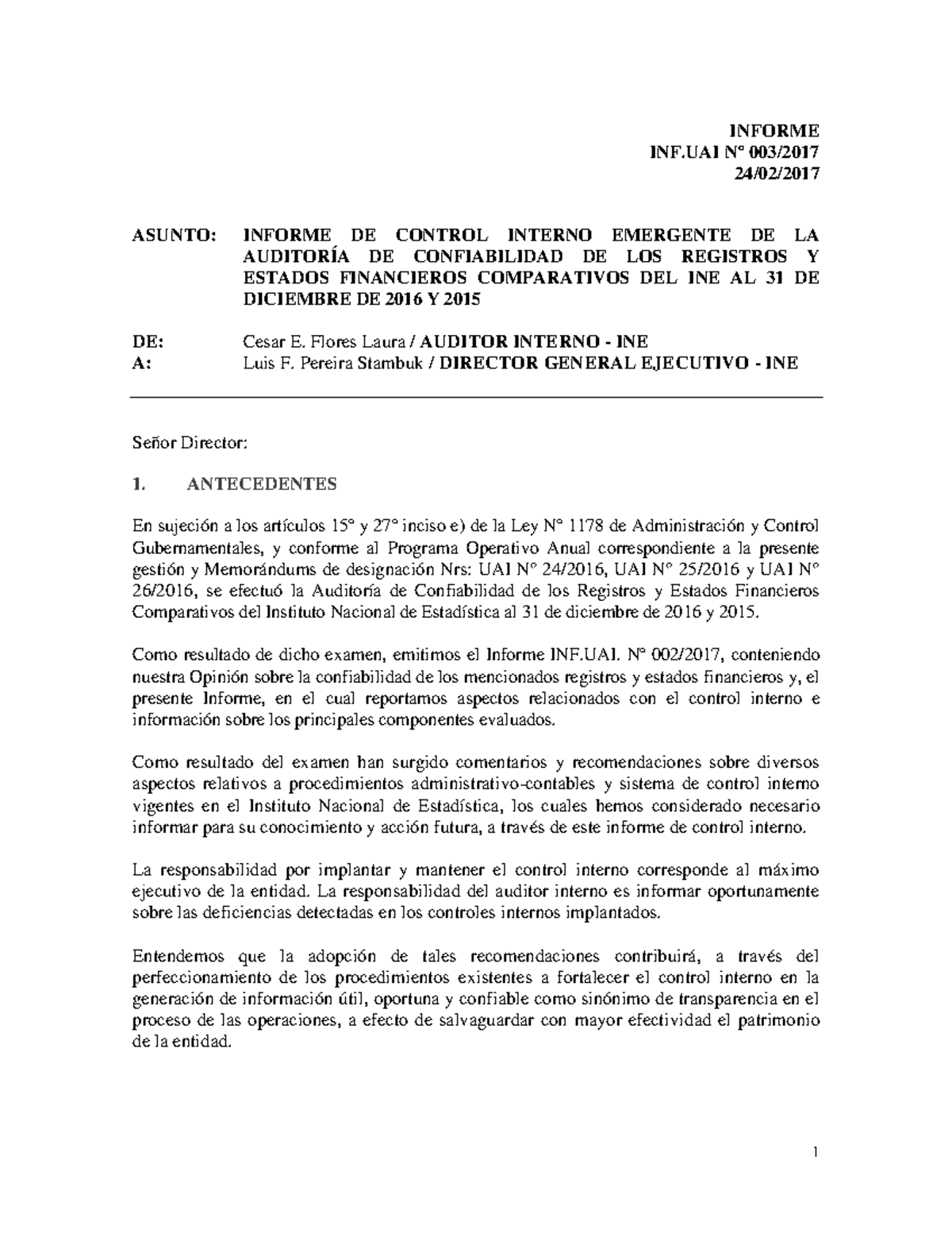 INF - Informe sobre Control Interno y Auditorías del INE 2016 - Studocu