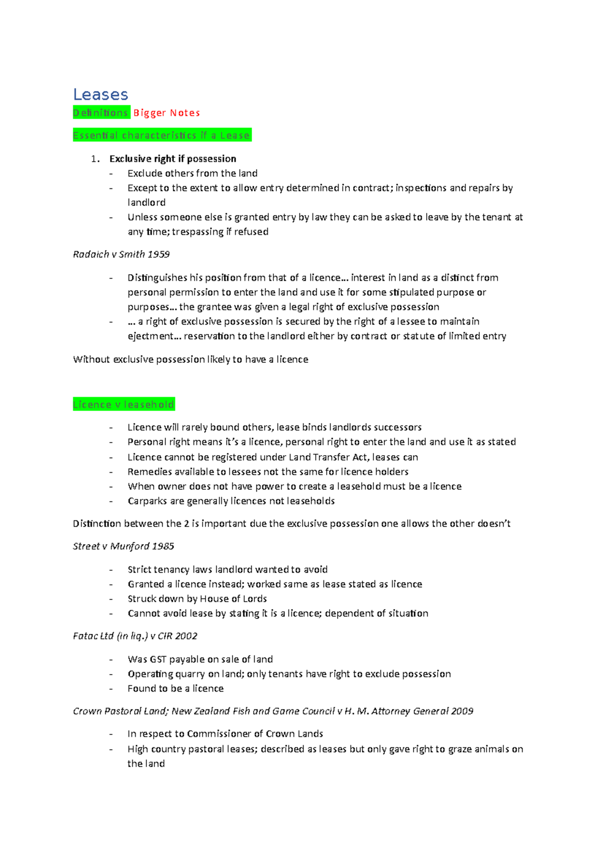 Leases: Essential Notes for Final Exam (Course Code: LAW101) - Studocu