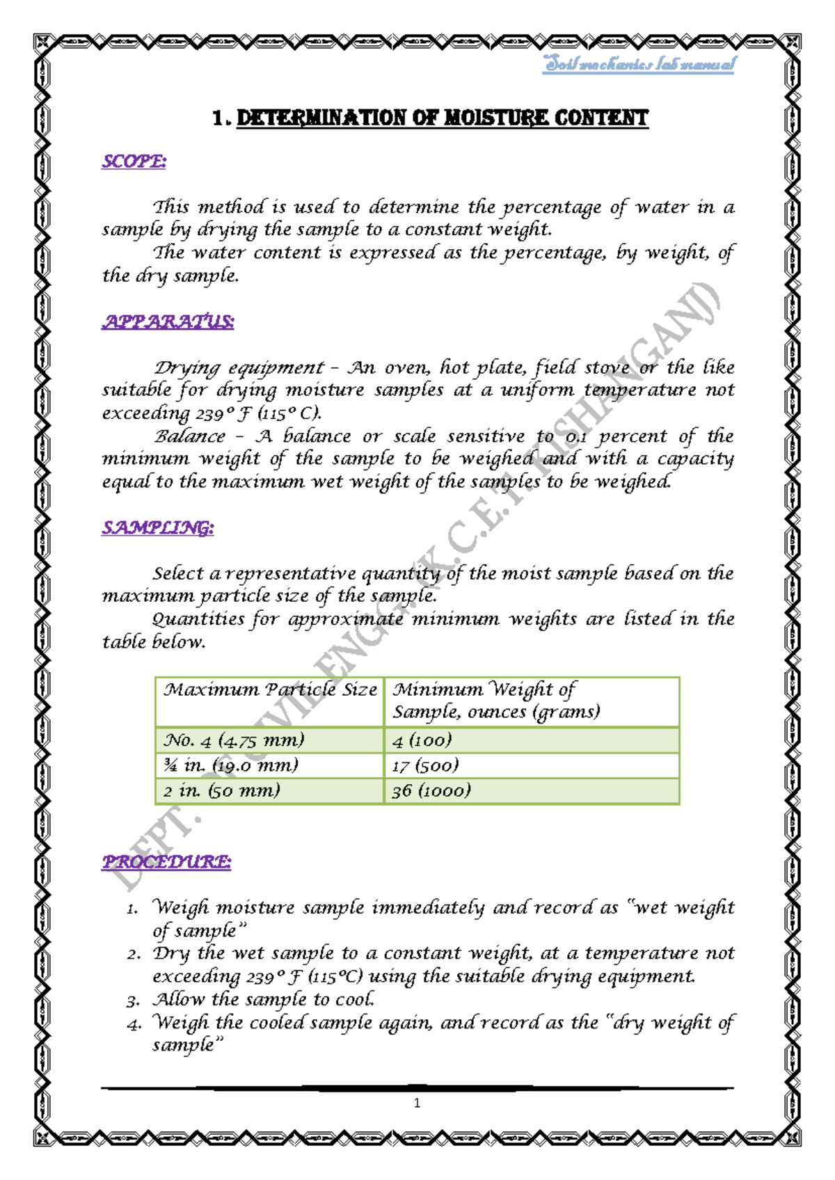 Find watercontent by oven dry method - 1. DETERMINATION OF MOISTURE ...
