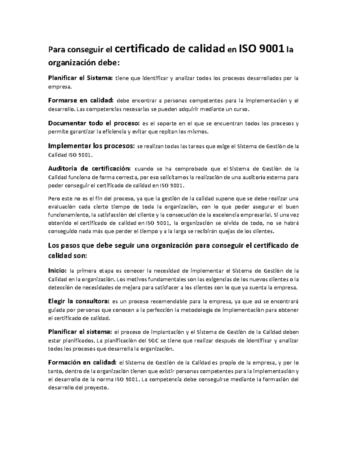 Guía de Implementación para el Certificado ISO 9001 - Actividad 1 - Studocu