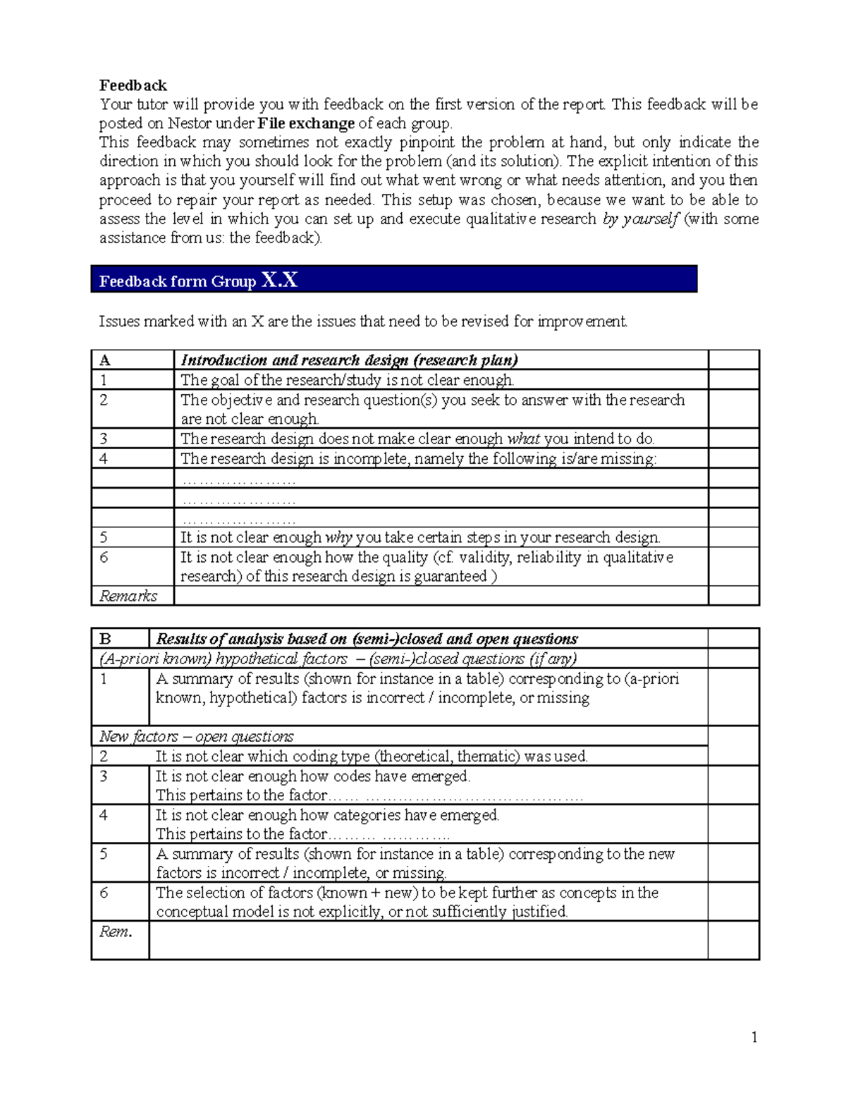 Feedback Form for Group Assignment Report Draft (Group X.X) - Studeersnel