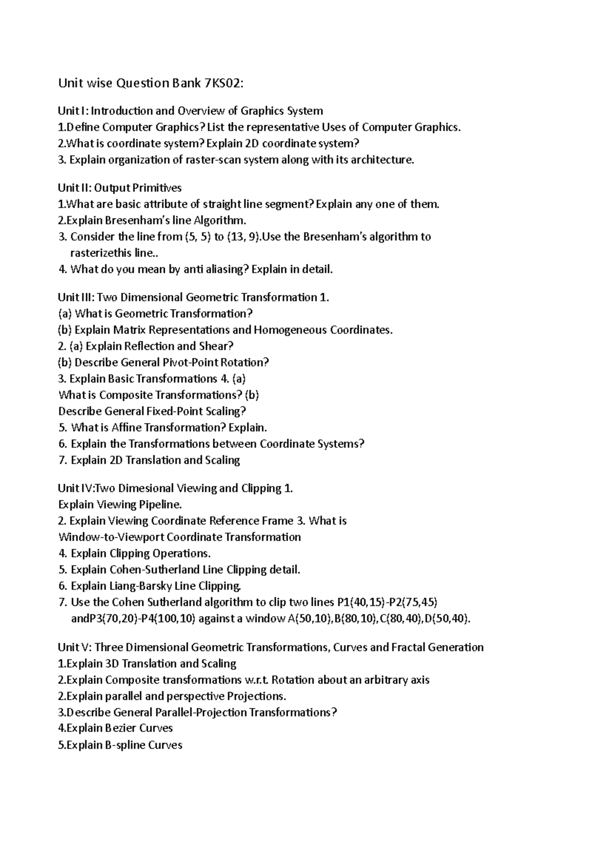 CG 7KS02 Unit Wise Question Bank for Computer Graphics Study - Studocu