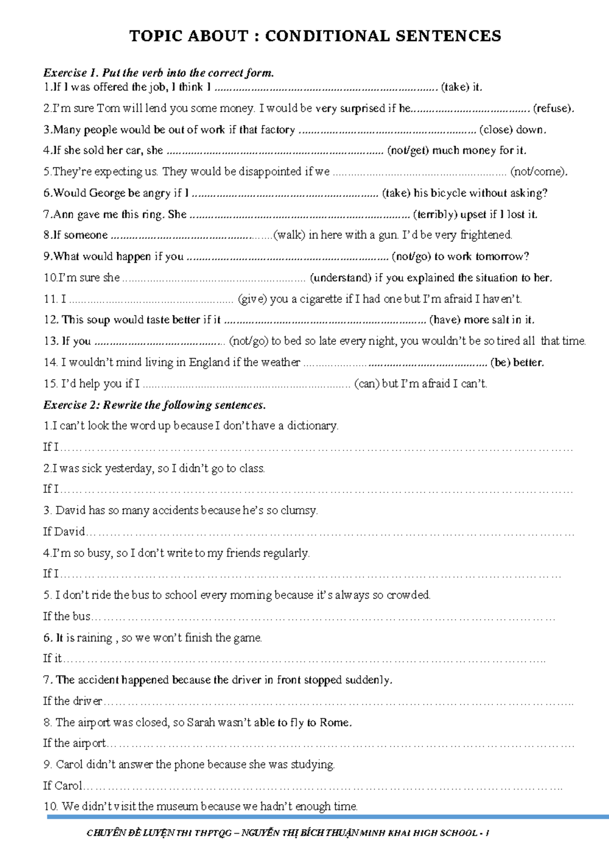 Conditional Sentences Exercises and Practice for HS Students - Studocu