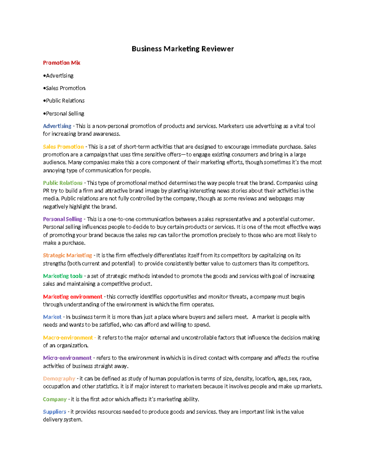 MARKETING Reviewer - Business Marketing Reviewer Promotion Mix ...