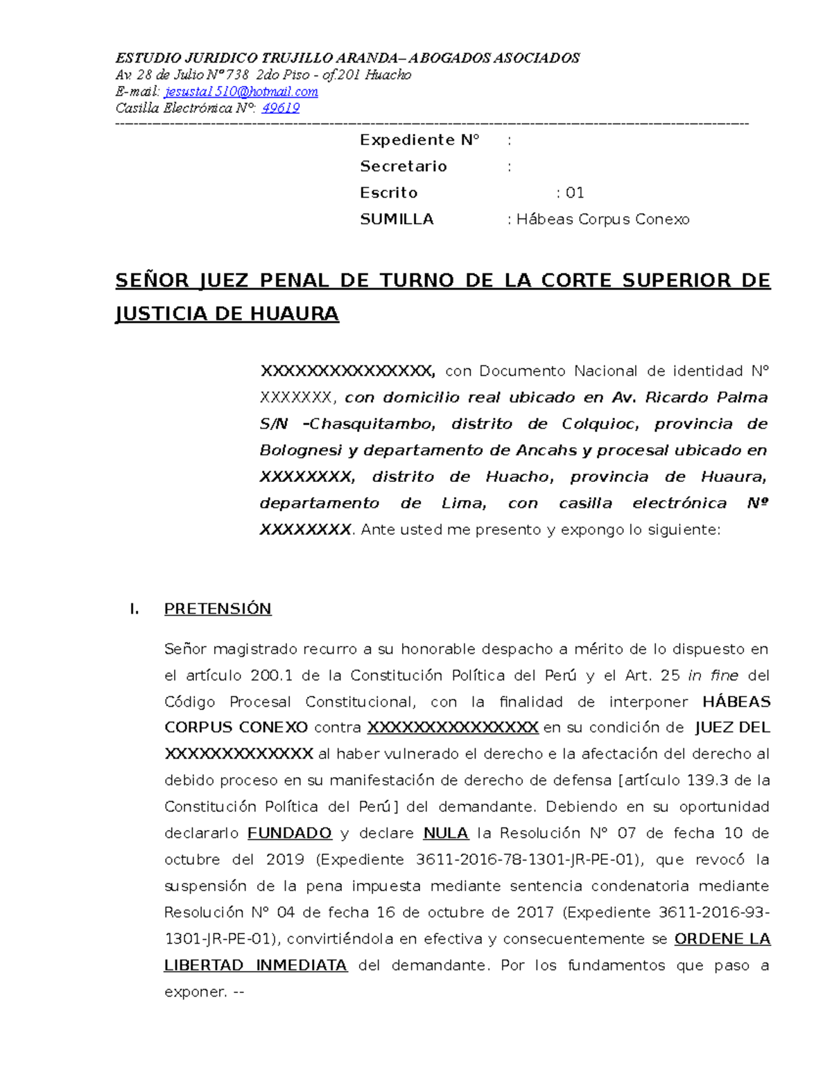 Habeas Corpus Conexo: Defensoria y Debido Proceso en Huacho - Document Preview