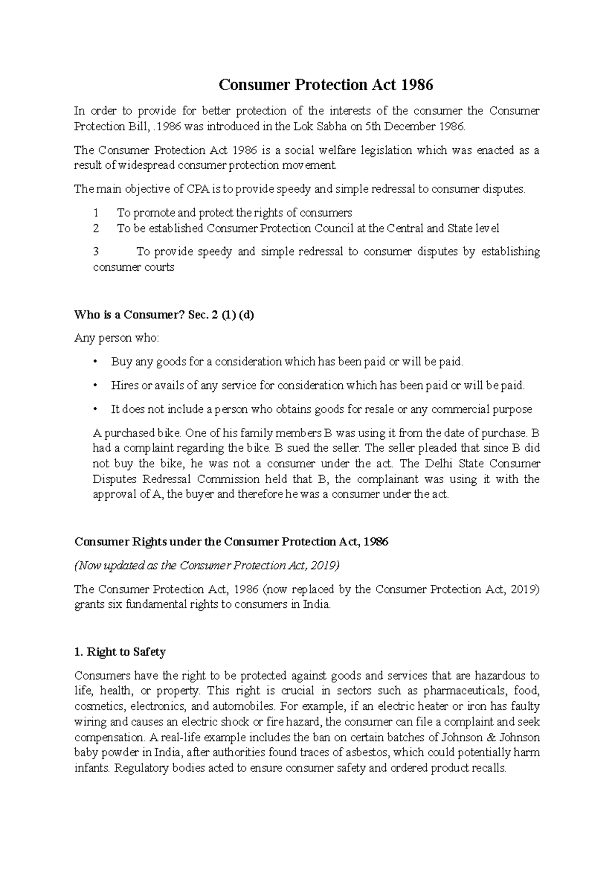 Consumer Protection Act 1986: Key Provisions and Consumer Rights - Studocu