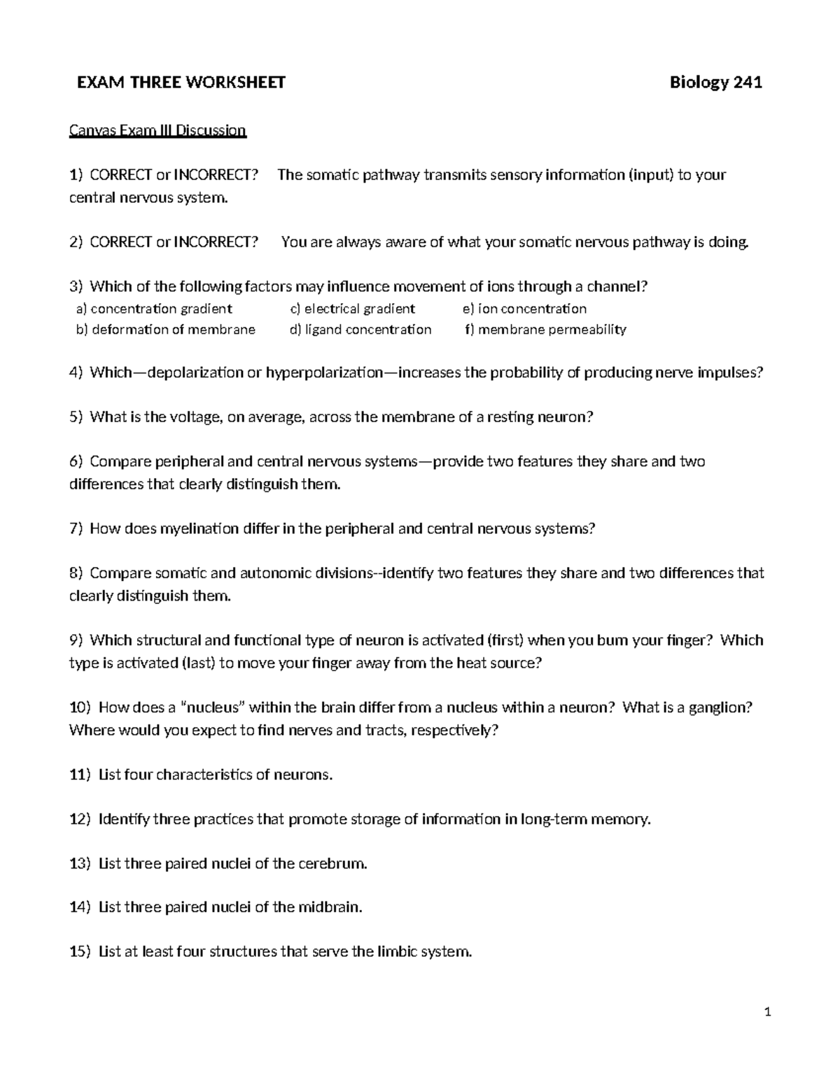 Biology 241 Exam III Study Guide: Nervous System Concepts and Questions ...
