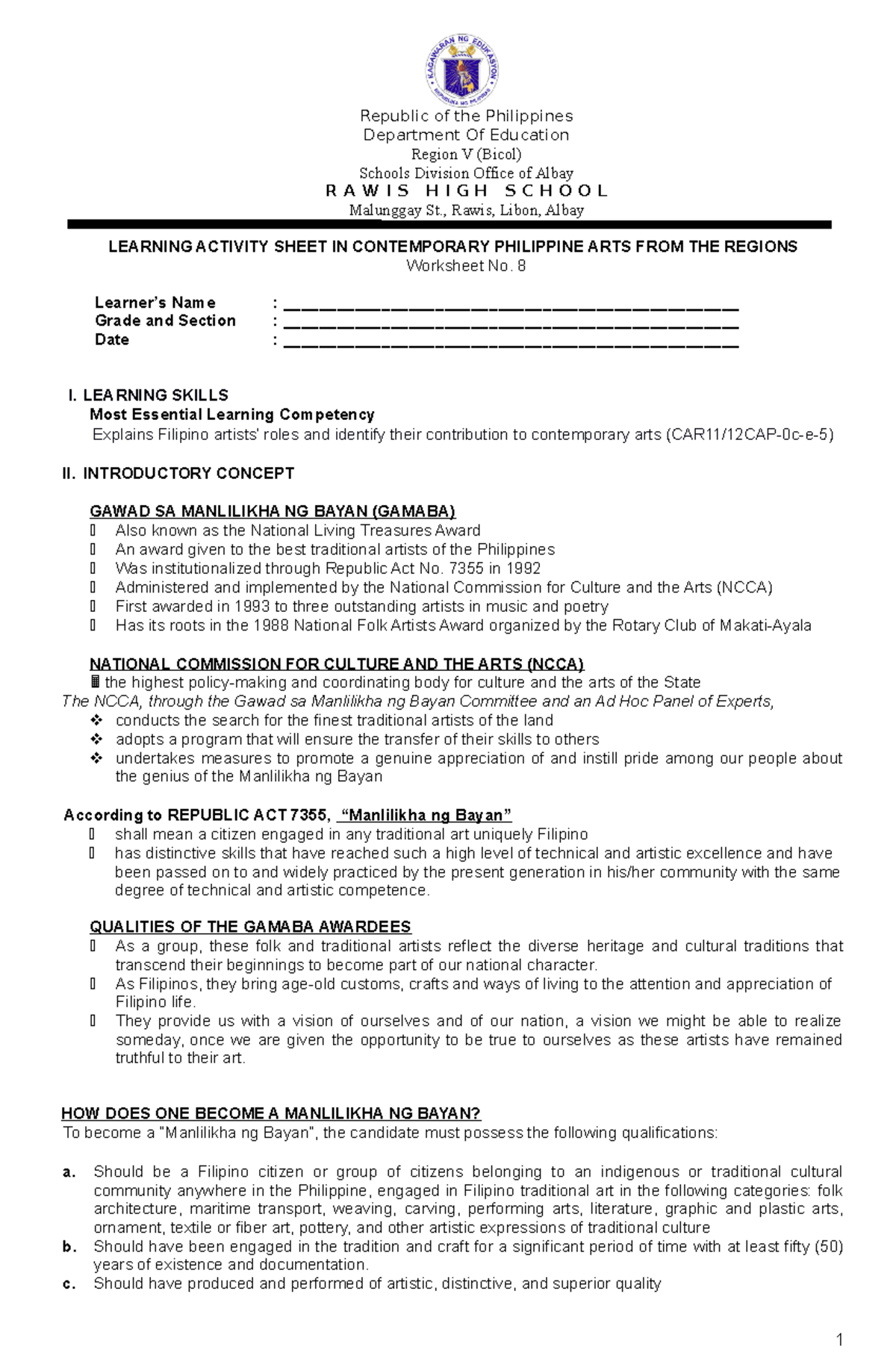 Learning Activity Sheet 8: The Gawad sa Manlilikha ng Bayan (Gamaba ...
