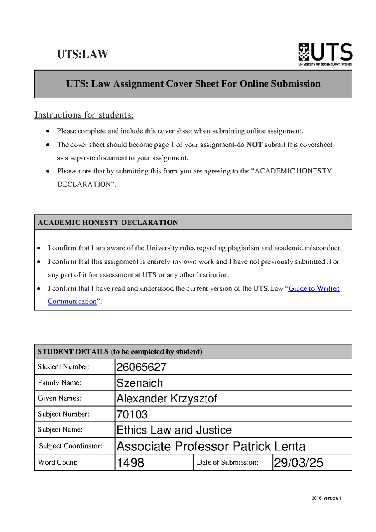UTS:LAW Assignment Cover Sheet for Online Submission Guidelines - Studocu