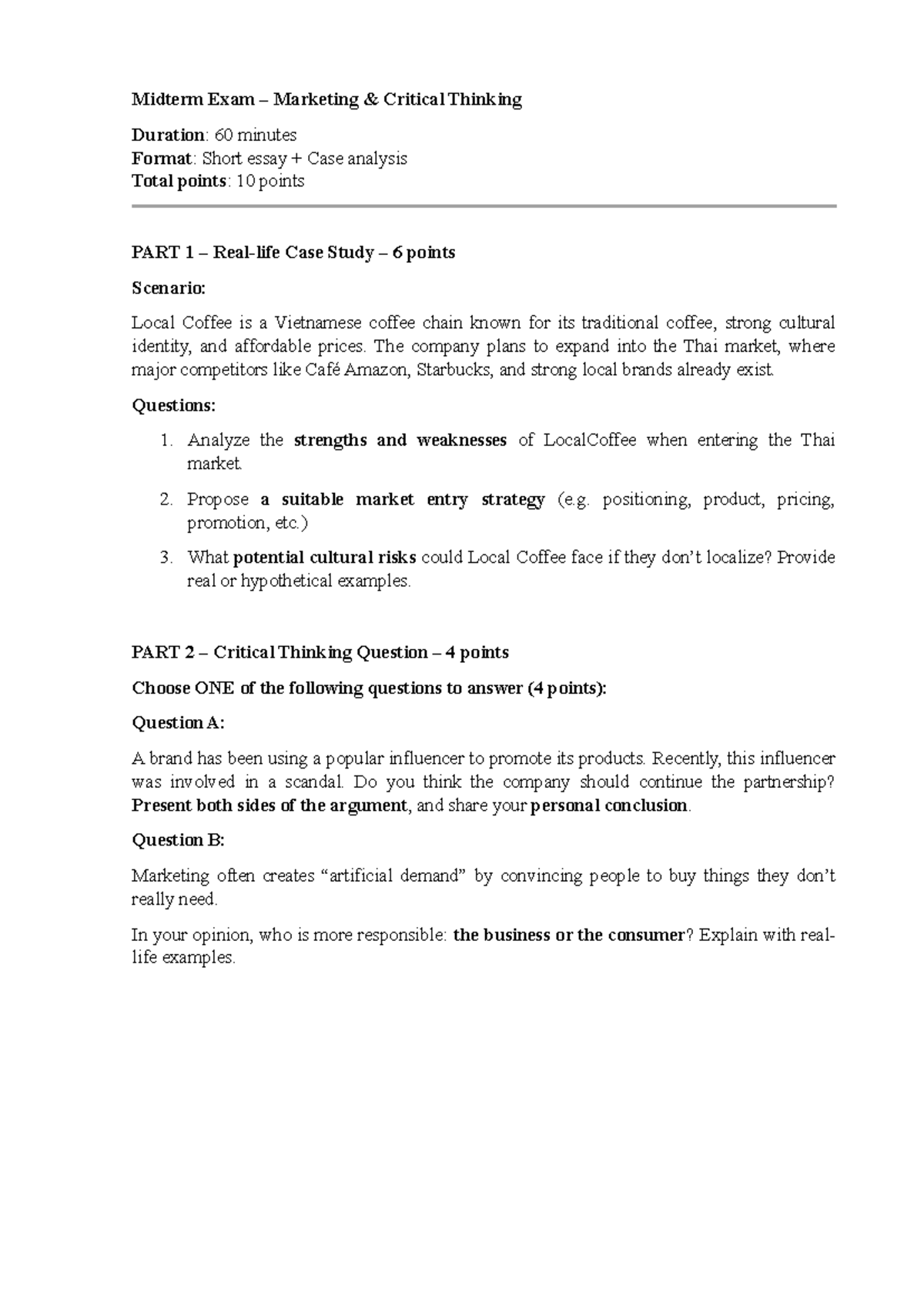 Midterm Exam MKT 101: Critical Thinking & Case Analysis - Studocu