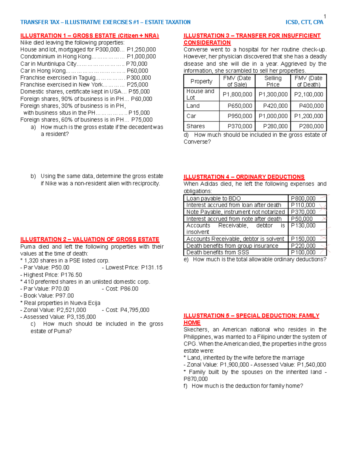Transfer Tax Illustrative Exercises #1: Estate Taxation ICSD, CTT, CPA ...