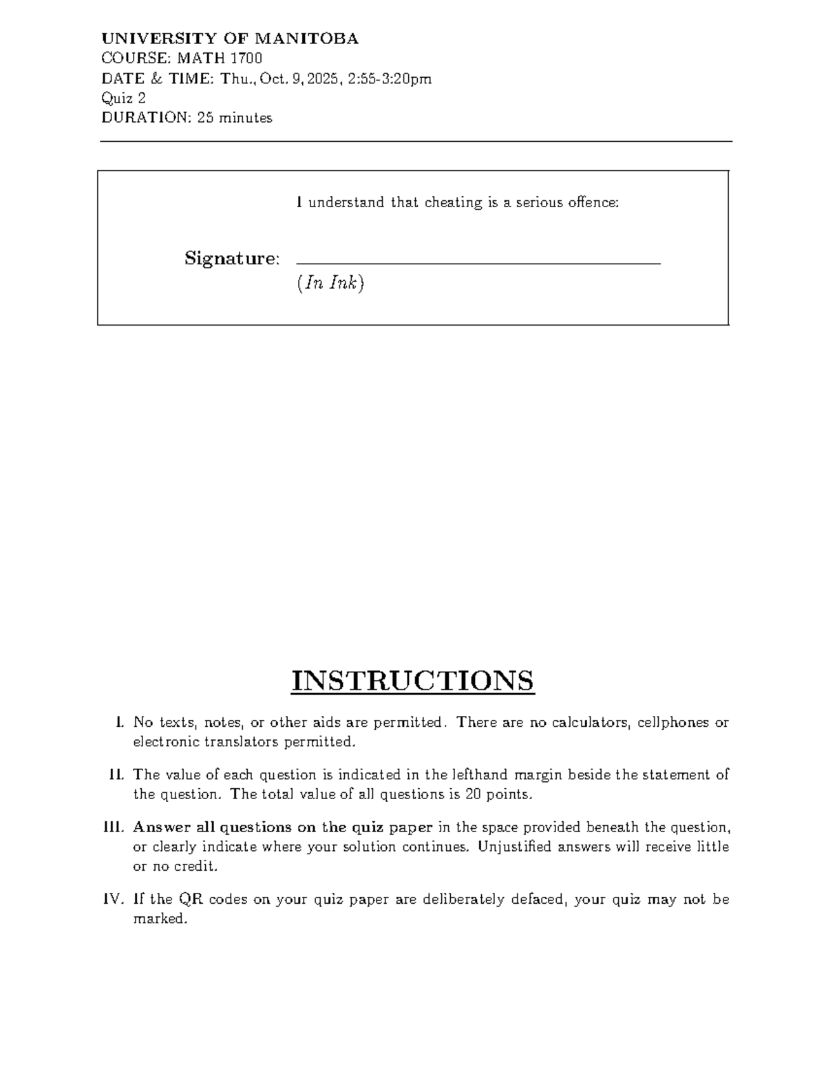 MATH 1700 Quiz 2 Notes - University of Manitoba, Oct. 9, 2025 - Studocu