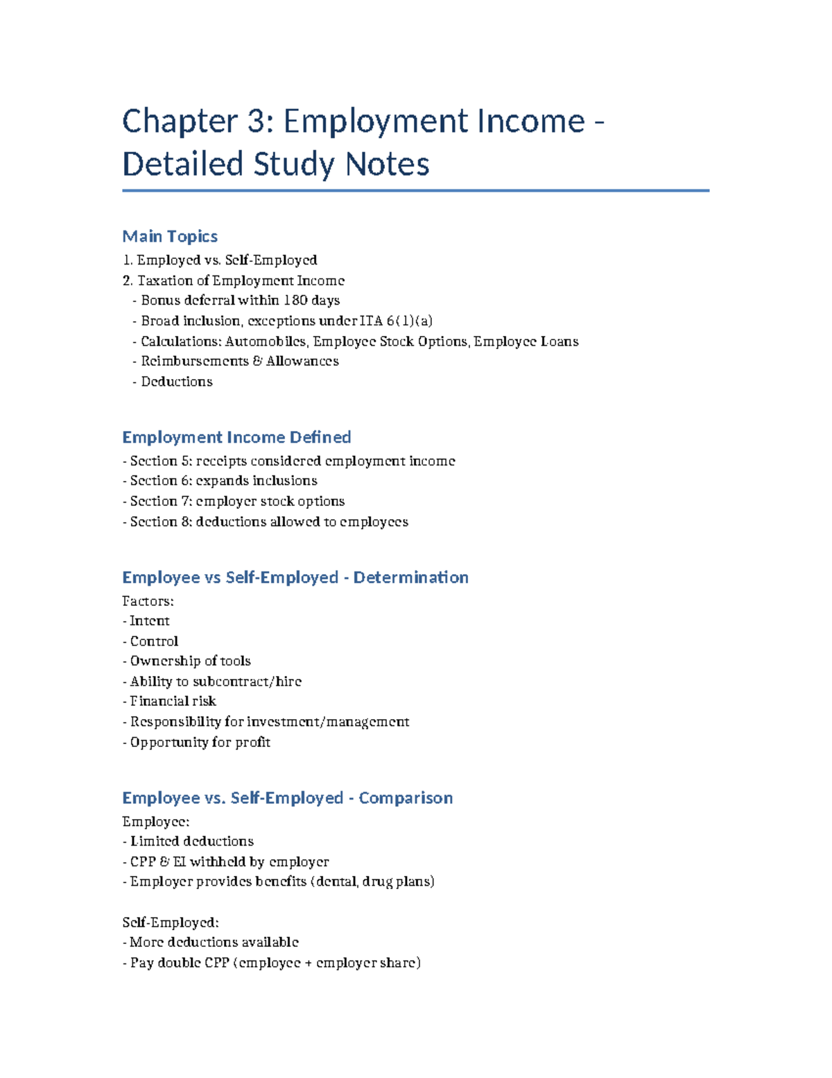 Chapter 3: Detailed Study Notes on Employment Income - Studocu
