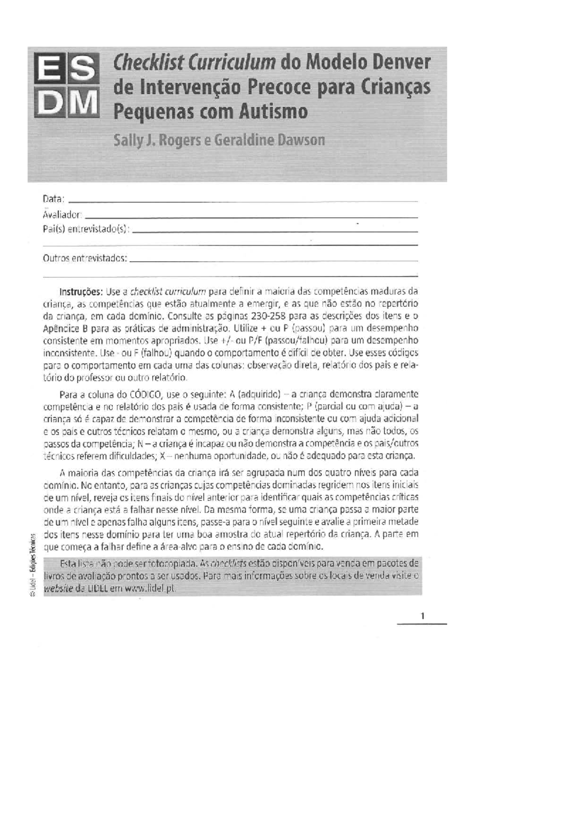Checklist do Modelo Denver de Intervenção Precoce para Crianças com ...