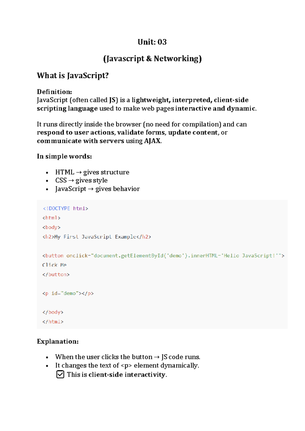 Unit 03 Notes: JavaScript Networking Overview and Key Concepts - Studocu