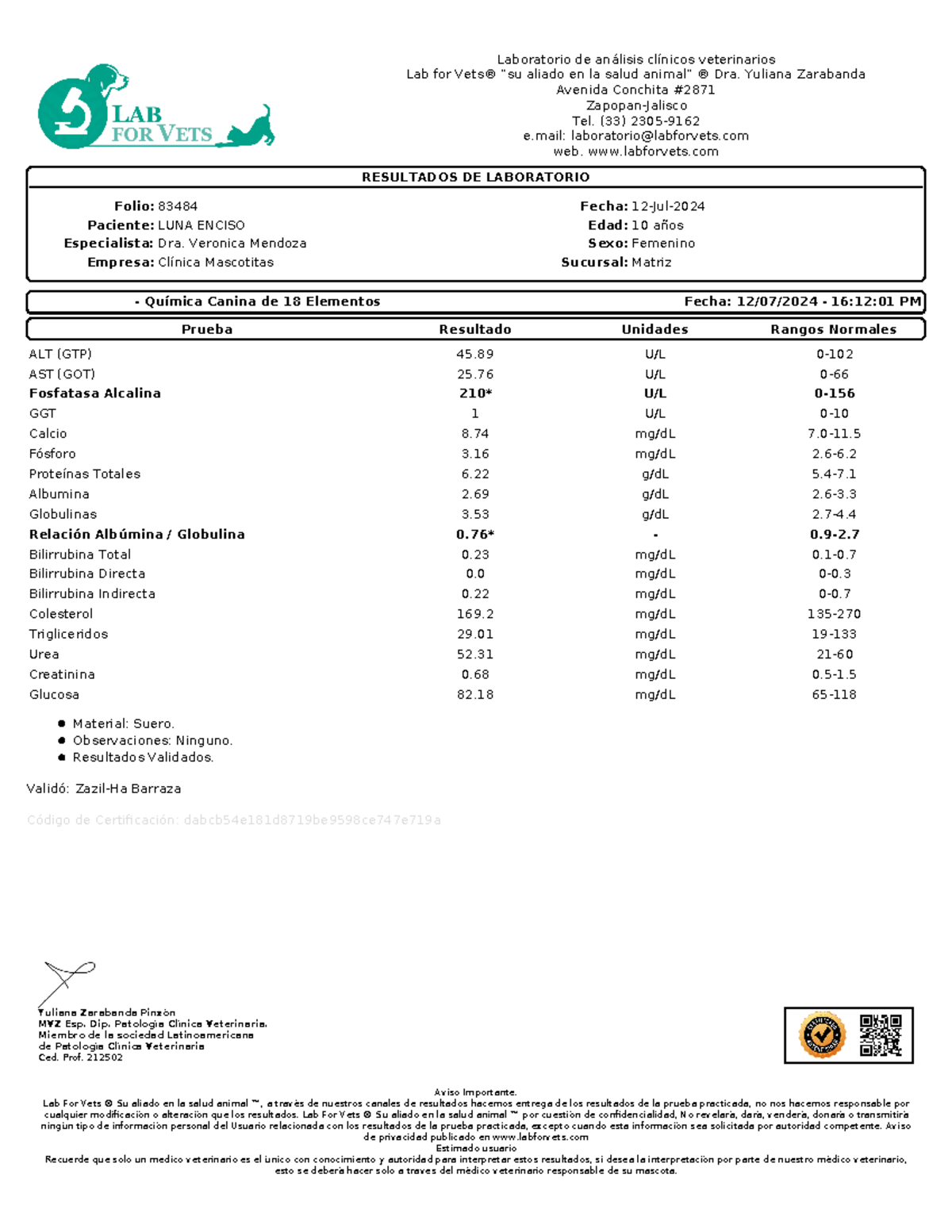 Resultados de Laboratorio Clínico para LUNA ENCISO - Folio 83484 - Document Preview